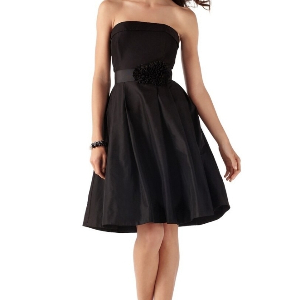 WHBM black strapless fit and flare dress with flower belt